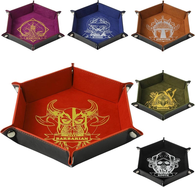 Grajar 6 Pcs DND Dice Tray with Characters Pattern for RPG D&D Table Games - Folding PU Leather and Velvet Rolling Holder Storage Box - Image 1